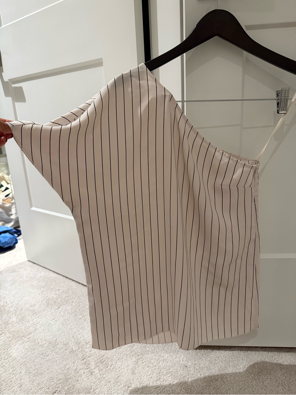Babaton Beige Mini Skirt with Black Vertical Stripes
